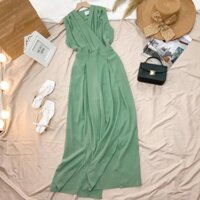 [ Hàng cao cấp] Jumpsuit - Đồ Bay Dài Trơn Cổ Đắp Chéo Xếp Ly Phối Chân Xẻ DAIN AO4175