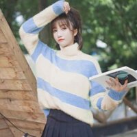 ( Hàng có sẵn) Áo len cao cổ sọc ngang trắng xanh