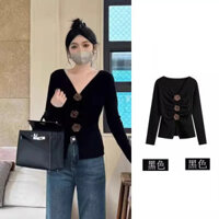 [ Hàng đầu mùa ] Áo thun dài tay dáng ôm cổ chữ V hoa ba chiều màu đen phong cách Hàn Quốc