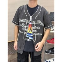 [ Hàng Mới 2024 ] Áo sơ mi cộc tay Nam Nữ bóng chày cổ V Dior Xám đậm logo chữ thêu ngực LA on web