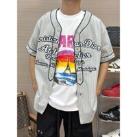 [ Hàng Mới 2024 ] Áo sơ mi cộc tay Nam Nữ bóng chày cổ V Dior Xám nhạt kẻ sọc logo chữ thêu ngực LA on web