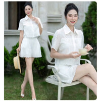 ( HÀNG QUẢNG CHÂU CAO CẤP ) SET BỘ REN MỚI ÁO SƠ MI TAY PHỐI REN , QUẦN SHORT ĐÙI LƯNG CAO ỐNG RỘNG ( 3102024460 )