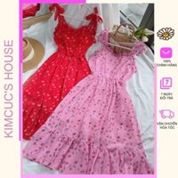 [ Hàng Sẵn ] [Ảnh thật] Đầm Maxi voan hoa nhí cột dây - đầm maxi đi biển hồng đỏ, KC House