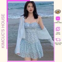[ Hàng Sẵn ] Đầm hoa 2 dây dáng dài kèm áo khoác xanh cardigan