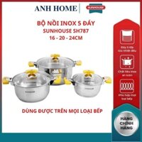 ( HCM - SHIP 2H ) Bộ nồi inox 5 đáy bếp từ SH787 SUNHOUSE 16cm 20cm24cm chất liệu inox không gỉ cao cấp