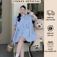 [ HỎA TỐC ] Đầm Váy Xanh Biển Babydoll Cổ Nhọn Đính Nơ Khuy Cài Đầm Tay Phồng D022