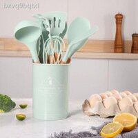 ❁ ☸ [HOT 2021]∈✢Bộ đồ dùng làm bếp bằng gỗ rắn silicone nhà thìa màu hồng 11 mảnh kẹp gắp thức ăn cho máy đánh trứng