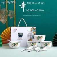 ✖ HOT- [ Ảnh thật ]Mẫu mới may mắn có bát, đĩa, thìa, bộ đồ ăn, bộ đồ ăn bằng gốm nhẹ sang trọng, bộ quà tặng đồng hành