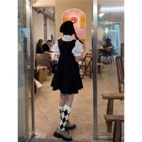 💓💓 [HOT TREND] Đầm Yếm Nữ Đen Phối Màu Cộc Tay ,Váy Yếm Nữ Có Cổ Dáng Lỡ Chất Đũi Q054