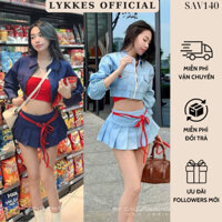 ( Kèm ảnh thật ) Set Bộ 3 Món Áo Váy Jeans Nữ LYKKES Sơ Mi Croptop Phối Áo Quây Kèm Chân Váy Jeans SAV140