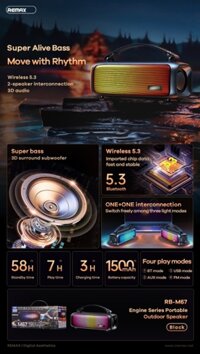 🔈 Loa TWS V5.3 Super Bass Đèn Led RGB Pin 7H Hỗ Trợ Thẻ SD/USB/AUX/FM REMAX RB-M67