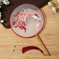 ( Loại xịn ) QUẠT ĐỎ THÊU TAY 2 MẶT PHƯỢNG HOÀNG LỬA PHONG CÁCH CỔ ĐIỂN