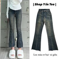( Loe mét 5 ) Quần jeans ống loe xẻ giữa Yến Tee , màu rơ bụi bặm xu hướng 2024