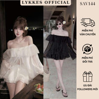 ( Màu Kem + Đen + Trắng ) Set Bộ MPB Áo Váy Nữ LYKKES Áo Tơ Trễ Vai Bèo Tay Dài Phồng Kèm Chân Váy Ngắn SAV144