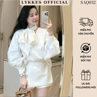 ( Màu Trắng + Đen ) Set Bộ Áo Quần Nữ LYKKES Áo Sơ Mi Cổ V Phối Khăn Nơ Rời Kèm Quần Giả Váy Kaki SAQ032