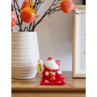 🌷 Mèo Thần Tài Maneki Neko May Mắn kèm đệm lót  bằng sứ kiêm ống heo tiết kiệm-í Bàn Thờ , Bàn Làm Việc , Xe Hơi