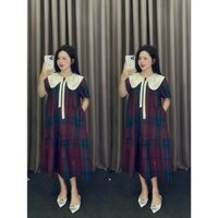 [ Mina clothing ] Váy sơ mi kẻ cổ sen nơ dài đuôi cá CSHH dành cho mẹ bầu công sở chất sơ mi hàn mềm mát