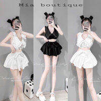[ Mới ]Set Bộ Áo Yếm Cổ Sen Bèo Đá Cườm Croptop + Váy Nơ Có Lót