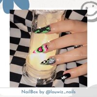 [ NailBox ] Mẫu Louwiz Tự Thiết Kế _ Charm Thỏ Đen + Vẽ Gel Trái Tim Nhiều Lớp + Nổi Gân Tráng Gương / Caro + Sticker