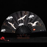 ( nan 31 ) Quạt cổ trang dây tuyến HẠC ĐEN vải lụa xếp cầm tay Trung Quốc xinh xắn