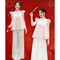 ( NGUYÊN SET 2 MÓN ) Hồng Gấm - ÁO GẤM NỮ TAY ÁO CÁNH TIÊN Phối Quần Voan Lụa Form Siêu Nền Nã