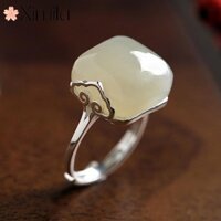 ♥ Nhẫn ngọc Hetian tự nhiên đám mây tốt lành chính hãng Trang sức vàng trắng