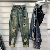 [ nhatran] Quần jean nữ baggy lưng thun cạp cao xước rách chất Denim cotton Pants QC dài 95cm MS412-384