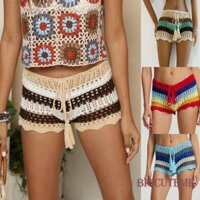 [] -Nữ Móc Rỗng Ra Sarong Quần Short Sọc Tương Phản Xuyên Qua Đan Đi Biển Quần Short Bikini Mùa Hè Đáy Che