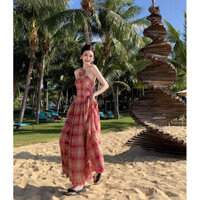 ( ORDER ) ( SẴN S L ) Đầm Maxi Kẻ Sọc Caro Cổ Yếm Đính Hoa Xẻ Tà