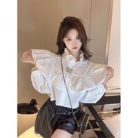 ( ORDER ) Set Áo Sơ Mi Croptop Bèo Vai & Quần Short Đùi Da Lưng Chun