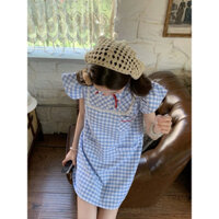 [ Order ] Váy Babydoll Kẻ Xanh Tay Bồng Nơ Đỏ Dễ Thương