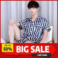 | pyjamas student] pyjama nam ngắn tay băng lụa mỏng cardigan màu xanh lá cây quần đùi rộng rãi size lớn dịch vụ gia *