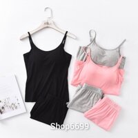 ( RẺ NHẤT SHOPEE)Bộ đồ mặc nhà Cotton áo 2 dây kèm bra ,quần đùi ,hàng cao cấp