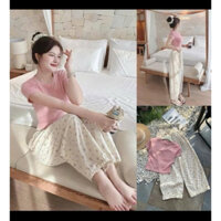 [ Rẻ vô địch ] Set bộ áo croptop hồng mix quần xuông hoa nhí - Subin