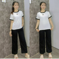 [ Rẻ Vô địch ] Sét Bộ đồ Quần ống Rộng Cạp Chun Hack Dáng đen + Mix Kèm áo Thêu Chữ N -nocturnal Chất Tăm Hàn