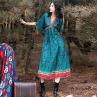 🍀 SALE 10.10 Váy thổ cẩm dáng dài cổ chữ V bèo bông 💝 . 🌟 . 💕 .