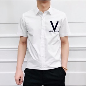 Áo sơ mi nam nữ ngắn tay chất liệu vải đũi in họa tiết LV tay