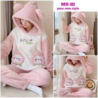 " SALE SALE " Bộ lông mùa đông ấm áp thêu túi hồng dễ thương, Đồ bộ ngủ pijama bông 2 mặt mềm mượt - MUHI
