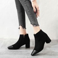 🌟 |  Sales T8 | HOT SALE 🌺Boot Nhung Cao Gót B57/ Mũi Giày Phối Da, Đế Vuông Cao 7cm Đẹp Xịn . 2020 new .. .. . . . . ྲ