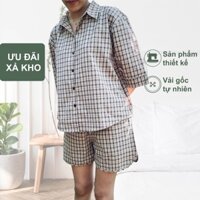 𝒕𝒉𝒊𝒄𝒉𝒙𝒂𝒏𝒉𝒉 ♥ sales xả kho - Bộ đồ ngủ / Đồ mặc nhà ngắn | CARO – cotton | Caro kẻ nâu be| ẢNH TIỆM TỰ CHỤP
