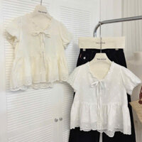 ( Sẵn) Áo Kiểu Babydoll Cổ Viền Phối Nơ, Áo Kiểu Dáng Ngắn Phong Cách Hàn Quốc