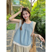 ( Sẵn ) Áo kiểu denim viền ren thời trang nữ ( sẵn áo size M )