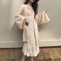 [ Sẵn Be dài & Trắng dài ]🌈 Áo khoác len mỏng/Áo choàng len mỏng/Khoác cardigan (có ảnh thật)