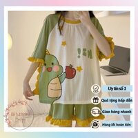 ( SẴN) Bộ Đồ Cotton Mặc Nhà Hình Khủng Long Xanh Siêu Cute Chất Cotton gân siêu mát