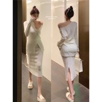 ( SẴN ) Chân Váy Len Dáng Dài Ôm Xẻ Tà Màu Kem
