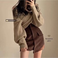 ( sẵn cv nâu s) Set áo len trễ bẹt vai đắp chéo tay dài phồng bồng + chân váy ngắn ôm cạp cao