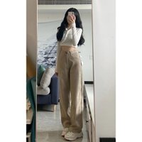 [ Sẵn hàng] Quần jean nữ màu be nâu ống đứng cạp cao hàng chuẩn Taobao 2022