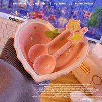 [ SẴN - HOẢ TỐC ]Set bát + thìa tim hoạ tiết trái dâu chất liệu gốm sứ dễ thương