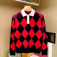 | Sẵn L Đỏ | Áo len nam, áo len cho nam Design cổ trắng họa tiết Caro phong cách Hàn Quốc phù hợp cho mùa Thu Đông 2024