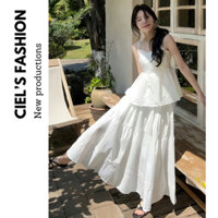 ( Sẵn Trắng S )Set Áo Hai Dây Váy Xoè Dáng Dài Vintage Xinh Xắn Thời Trang Mùa Hè